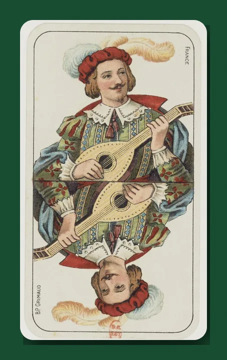 The Fool card from a 19th-century French tarot deck by B.P. Grimaud: a lute player in a red cap